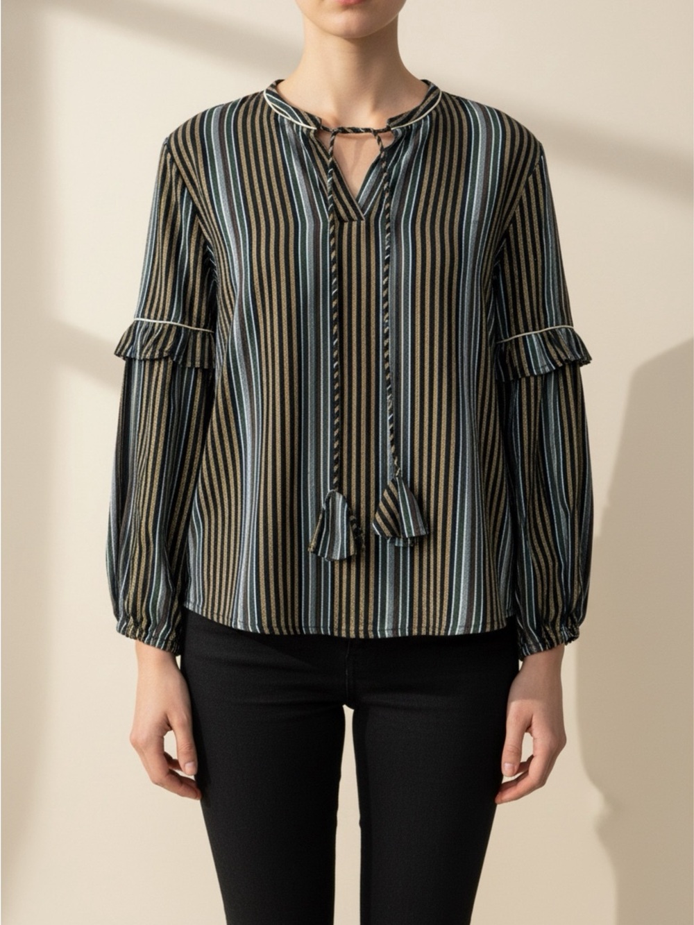 Striped Tie-Neck Long Sleeve Blouse - Black, Olive & Blue